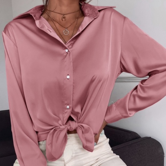 Satin boyfriend button down silky blouse hot pink - Picture 4 of 15